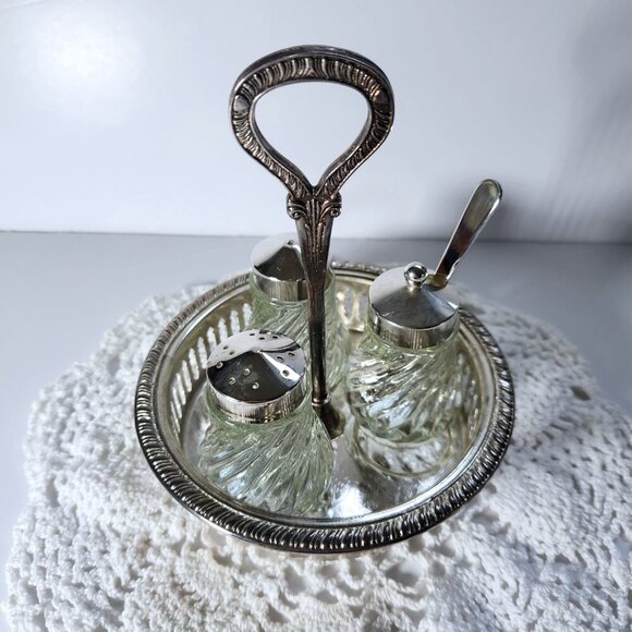 Glass Condiment Salt Pepper Sugar Set in Caddy Holder Glass Jars Sugar Scoop - Picture 4 of 14